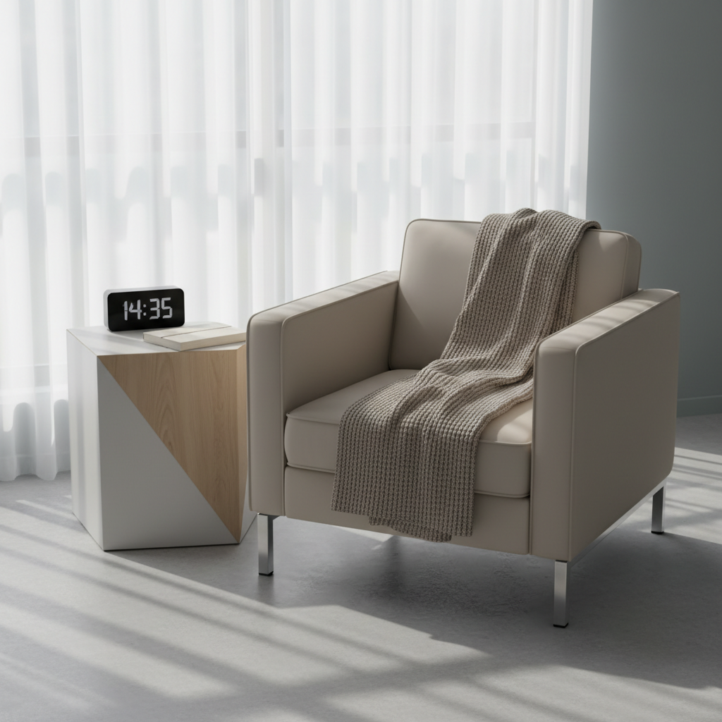 A soft, taupe knit throw blanket neatly folded atop a structured, light beige armchair with squared arms and minimal chrome accents. The chair is perfectly positioned next to a geometric side table holding a sleek digital clock and a closed ivory notebook. The ensemble is set within a pristine, organized waiting room featuring muted color palettes, clear lines, and uncluttered space. Natural afternoon light filters through large, sheer curtains, gently highlighting the texture of the knit fabric and casting soft ambient shadows. The mood is serene, reassuring, and trustworthy, reflecting the company's professional approach to providing comfort and support. Photographed from a slightly elevated angle with ample negative space, the clean, dignified composition underscores a structured, business-like visual style.