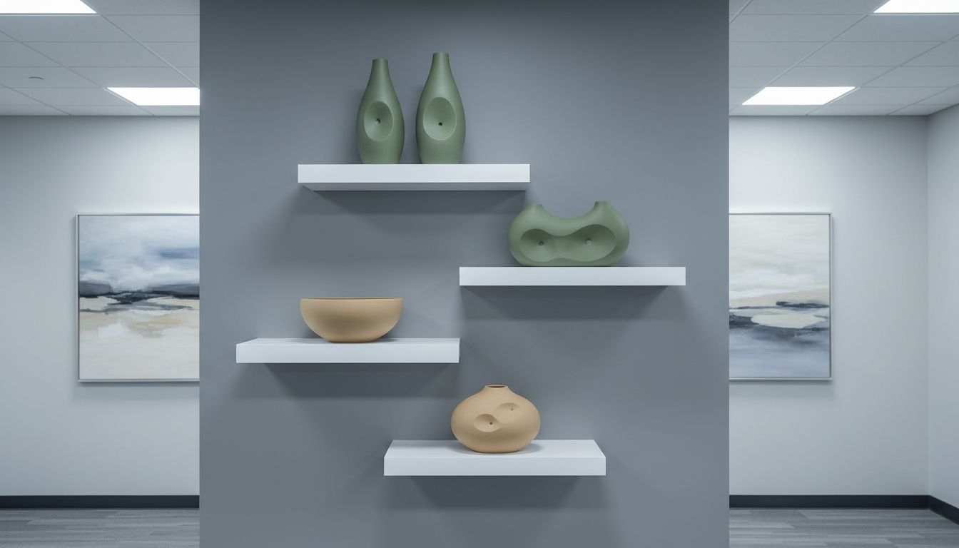 A collection of tranquil, moss-green and sand-colored ceramic vases displayed on staggered white floating shelves, each vase featuring a smooth matte finish and subtle, intentional imperfections. The display is set against a cool gray accent wall within a spacious, modern reception area, with understated corporate art in the background. Cool, diffused overhead lighting casts gentle gradients of shadow and brings out the curvature and tactile quality of each vase. The image radiates calm professionalism and thoughtful attention to detail, suited to a company built on providing dependable companionship. Captured straight-on at eye level with the rule of thirds guiding visual flow, the photographic realism and minimal, balanced arrangement convey trustworthiness and poise.